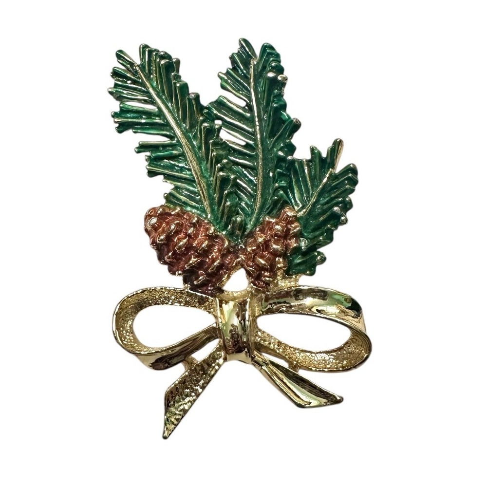 Christmas Holiday Gerry's Pine‎ Tree Pinecone Pin Gold Tone Bow Winter